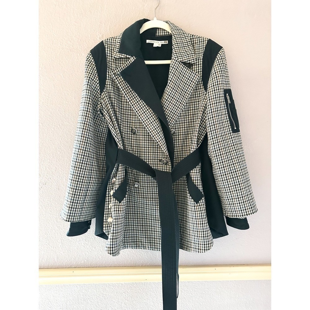 Veronica Beard Plaid Mixed Media Belted Jacket Navy Large Double Breasted - Picture 3 of 11